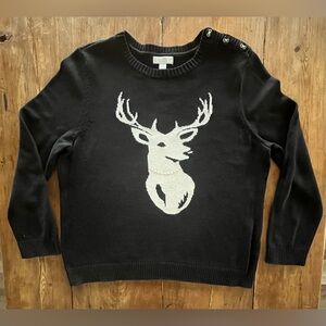 Charter Club Stag Head Design Crewneck Sweater Faux Pearl Detail Black Size PXL